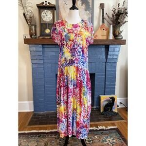 Art Batik Hippie Babydoll Vintage 90s Rayon Teacher Dress Modest Y2k Maxi OS